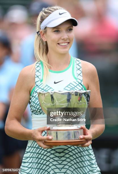 Katie Boulter of Great Britain holds the Women's Singles Rothesay Open Trophy after beating Jodie Burrage during the Rothesay Open at Nottingham...