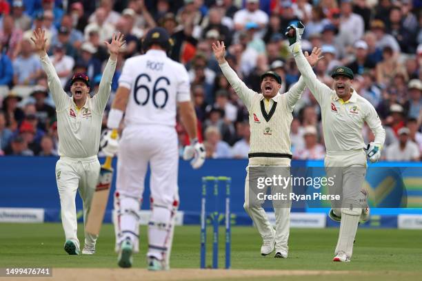 Steven Smith, David Warner and Alex Carey of Australia appeal for the wicket of Joe Root of England which was given not out during Day Three of the...