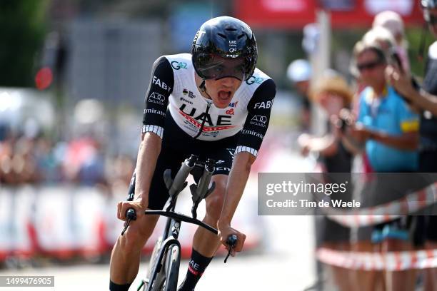 Juan Ayuso of Spain and UAE Team Emirates crosses the finish line during the 86th Tour de Suisse 2023, Stage 8 a 25.7km individual time trial from...