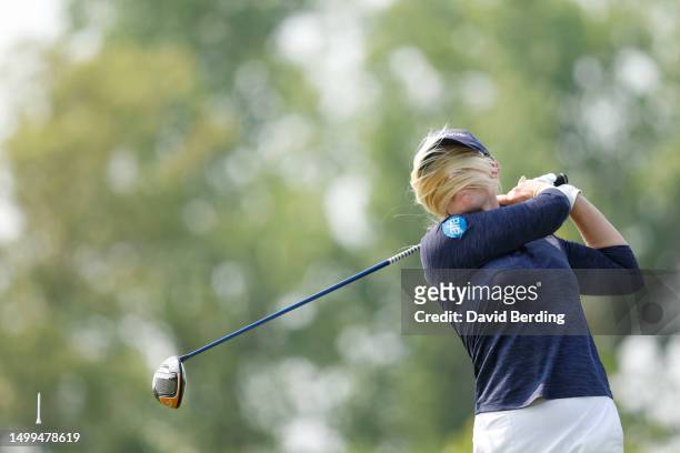 Stephanie Meadow of Northern Ireland hits a tee shot on the third hole during the final round of the Meijer LPGA Classic for Simply Give at...