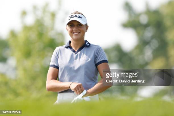 Pauline Roussin of France reacts on the third tee during the final round of the Meijer LPGA Classic for Simply Give at Blythefield Country Club on...