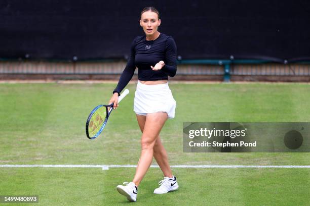 Ana Bogdan of Romania reacts against Rebecca Marino of Canada in a qualifying match during day two of the Rothesay Classic Birmingham at Edgbaston...