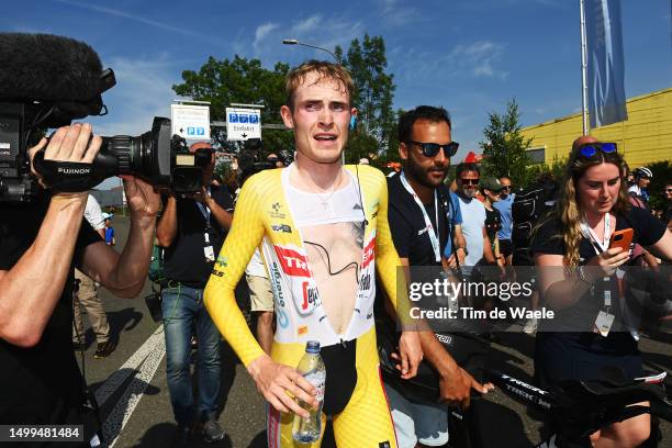 Overall race winner Mattias Skjelmose Jensen of Denmark and Team Trek-Segafredo - Yellow Leader Jersey reacts after the 86th Tour de Suisse 2023,...