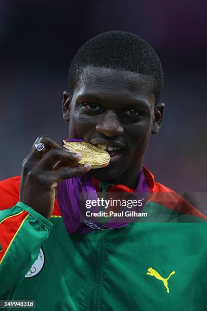 Kirani James of Grenada poses on the podium during the medal ceremony for the Men's 400m on Day 11 of the London 2012 Olympic Games at Olympic...