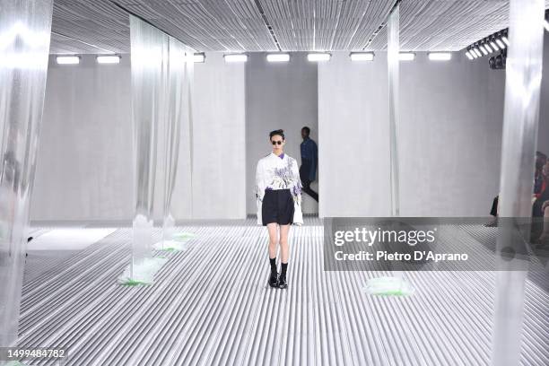 Model walks the runway at the Prada Spring/Summer 2024 fashion show during the Milan Fashion Week menswear spring/summer 2024 on June 18, 2023 in...