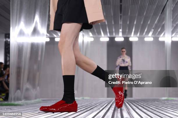 Model, shoe detail, walks the runway at the Prada Spring/Summer 2024 fashion show during the Milan Fashion Week menswear spring/summer 2024 on June...