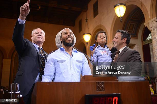 Tom LaBonge, Ziggy Marley, Gideon Marley and Joe Buscaino attend the proclaimation as presented by the Los Angeles City Council at City Hall to...