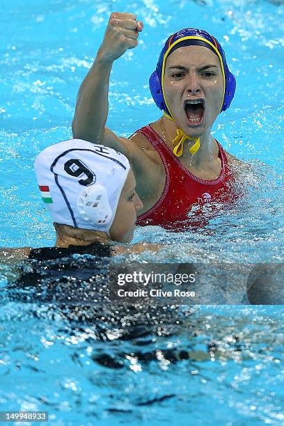 Roser Tarrago Aymerich of Spain celebrates a goal in the Women's Water Polo semifinal match between Spain and Hungary at the Water Polo Arena on...