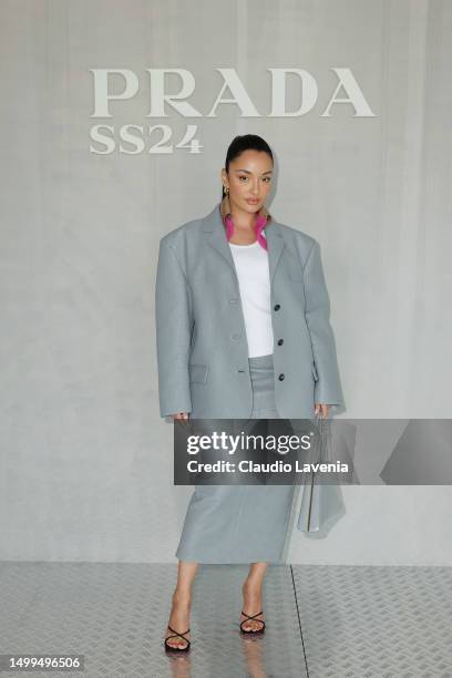 Amina Muaddi attends the Prada Spring/Summer 2024 Menswear Fashion Show during the Milan Men's Fashion Week F/W 2023 - 2024 at Fondazione Prada on...