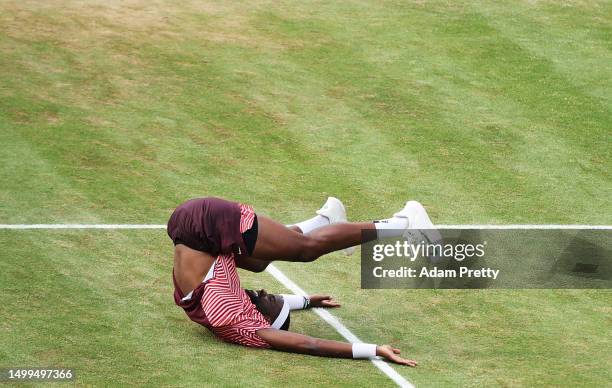 Frances Tiafoe of the United States celebrates winning match point over Jan-Lennard Struff of Germany during the mens final match on day nine of the...