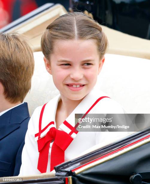 Princess Charlotte of Wales departs Buckingham Palace in a horse drawn carriage to attend Trooping the Colour on June 17, 2023 in London, England....