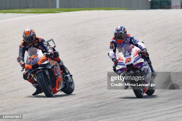 Jack Miller of Australia and Bull KTM Factory Racing leads Johann Zarco of France and Pramac Racing during the MotoGP race during the MotoGP of...