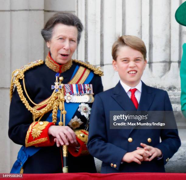 Princess Anne, Princess Royal and Prince George of Wales watch an RAF flypast from the balcony of Buckingham Palace during Trooping the Colour on...