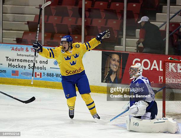 Filip Forsberg of Team Sweden celebrates a second period goal by Mika Zibanejad against Team Finland at the USA hockey junior evaluation camp at the...