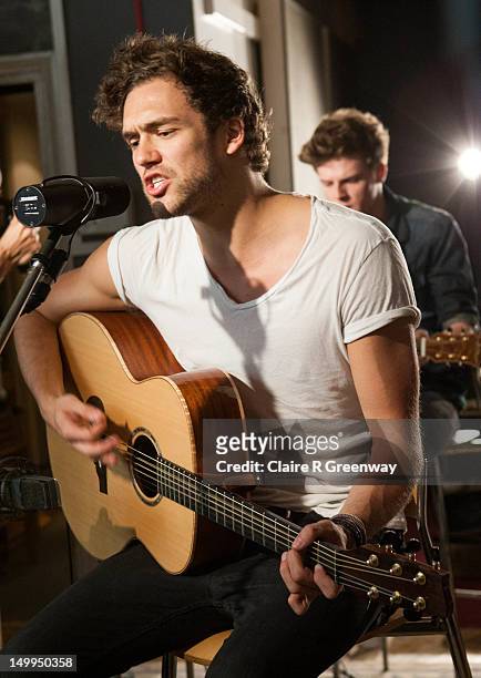 Lead vocalist Andy Brown of band Lawson performs during a Biz Session in Wapping on May 30, 2012 in London, England.