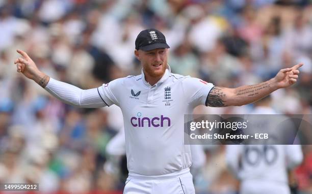 England captain Ben Stokes reacts during day three of the LV= Insurance Ashes 1st Test Match between England and Australia at Edgbaston on June 18,...