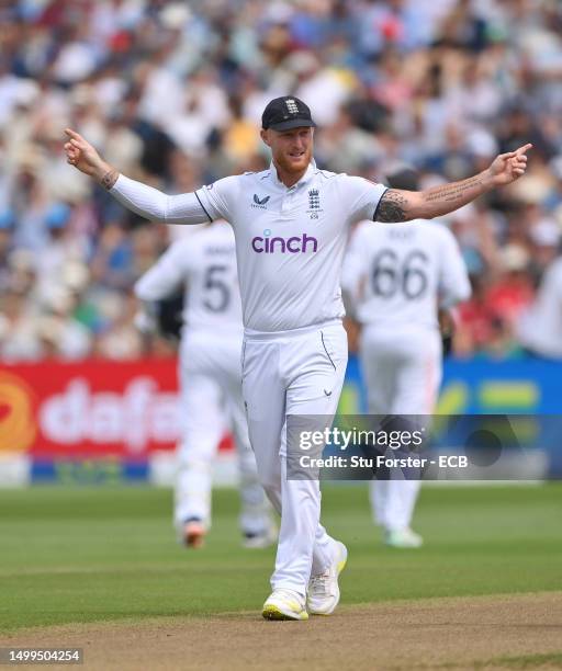 England captain Ben Stokes reacts during day three of the LV= Insurance Ashes 1st Test Match between England and Australia at Edgbaston on June 18,...