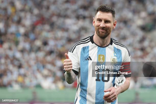 Lionel Messi of Argentina reacts during the international friendly match between Argentina and Australia at Workers Stadium on June 15, 2023 in...