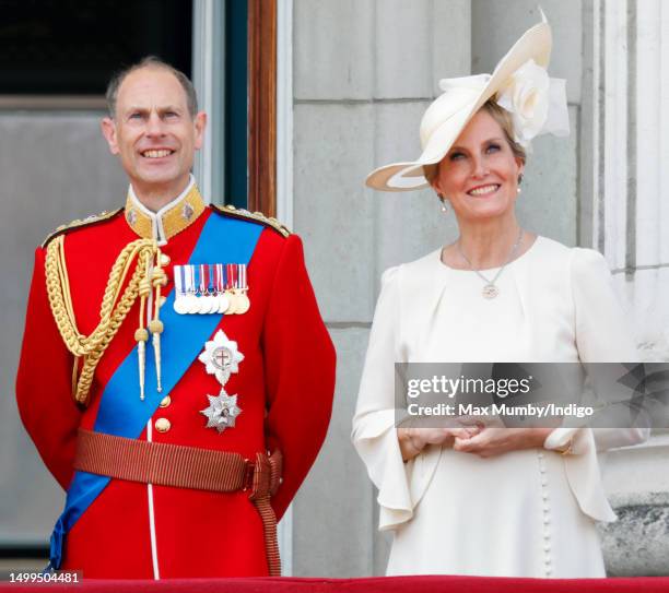 Prince Edward, Duke of Edinburgh and Sophie, Duchess of Edinburgh watch an RAF flypast from the balcony of Buckingham Palace during Trooping the...