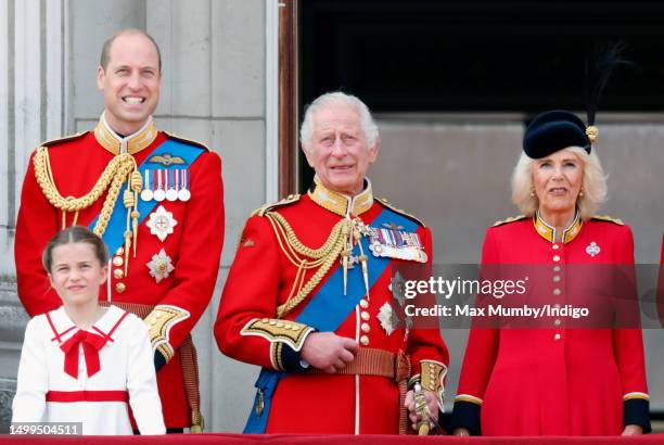 Prince William, Prince of Wales , Princess Charlotte of Wales, King Charles III and Queen Camilla watch an RAF flypast from the balcony of Buckingham...