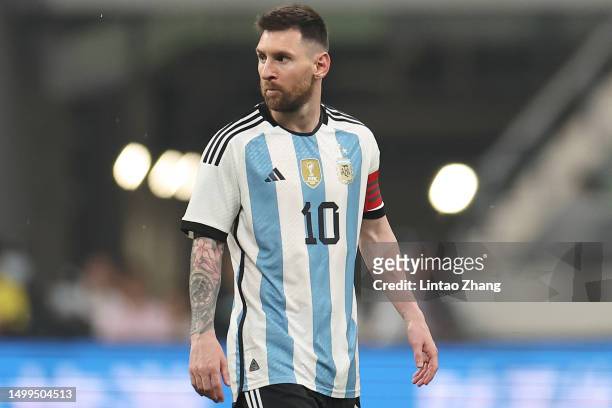 Lionel Messi of Argentina reacts during the international friendly match between Argentina and Australia at Workers Stadium on June 15, 2023 in...