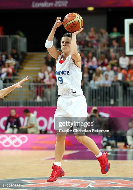 Celine Dumerc of France puts up a shot against Czech Republic in the Women's Basketball quaterfinal on Day 11 of the London 2012 Olympic Games at the...