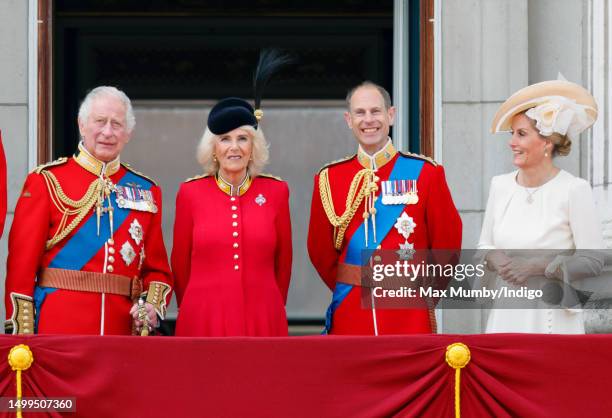King Charles III , Queen Camilla , Prince Edward, Duke of Edinburgh and Sophie, Duchess of Edinburgh watch an RAF flypast from the balcony of...