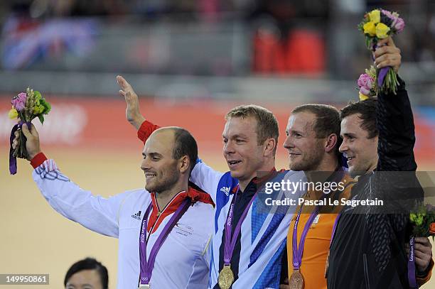 Silver medallist Maximilian Levy of Germany, Gold medallist Sir Chris Hoy of Great Britain, and joint Bronze medallists Teun Mulder of the...