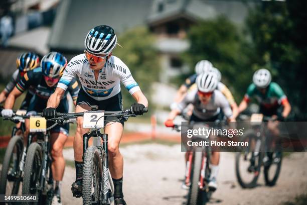 Loana Lecomte of France competes in the Cross-Country Olympic discipline of the UCI Mountain Bike World Cup Leogang on June 18, 2023 in Leogang,...