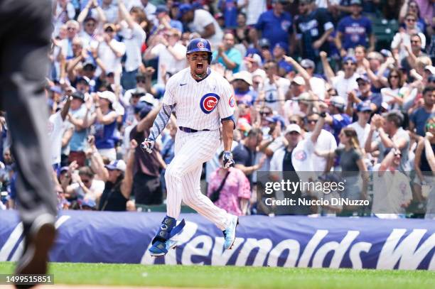 Christopher Morel of the Chicago Cubs celebrates a two run home run during the fourth inning of a game against the Baltimore Orioles at Wrigley Field...
