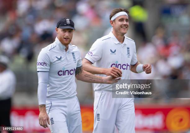 Ben Stokes and Stuart Broad of England during Day Three of the LV= Insurance Ashes 1st Test match between England and Australia at Edgbaston on June...