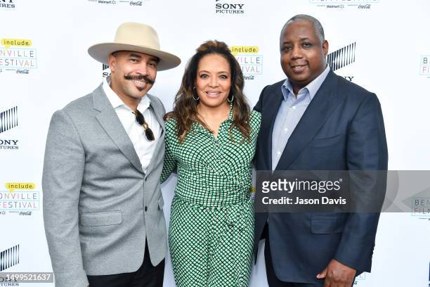 Head of Story Octavio E. Rodriguez, actress Luna Lauren Velez, and director Kemp Powers arrive at the “Spider-Man: Across the Spider-Verse” panel and...
