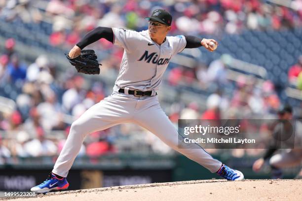 Jesus Luzardo of the Miami Marlins pitches in the third inning during a baseball game against the Washington Nationals at Nationals Park on June18,...