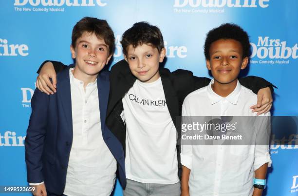 Frankie Treadaway, Max Bispham and Elliot Mugume attend the Gala Performance after party of "Mrs. Doubtfire: The Musical" in support of Comic Relief...