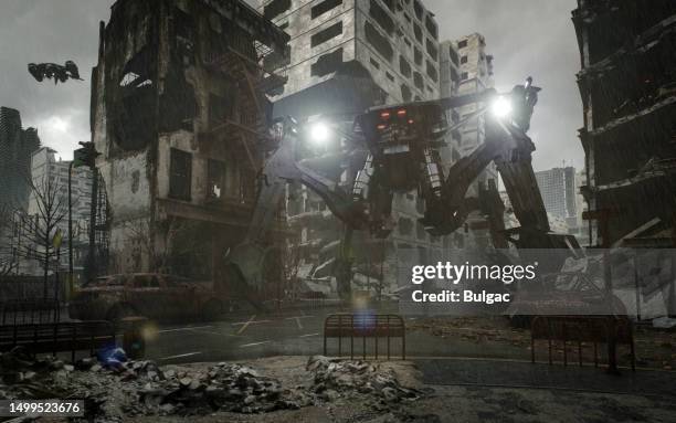 giant robot in post-apocalyptic cityscape - giant robot stock pictures, royalty-free photos & images