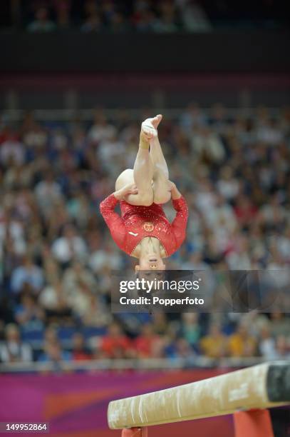 Lu Sui of China competes on the beam during the Artistic Gymnastics Women's Beam final on Day 11 of the London 2012 Olympic Games at North Greenwich...