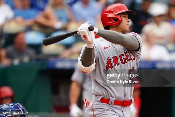 Shohei Ohtani of the Los Angeles Angels hits a home run against the Kansas City Royals during the fifth inning at Kauffman Stadium on June 18, 2023...