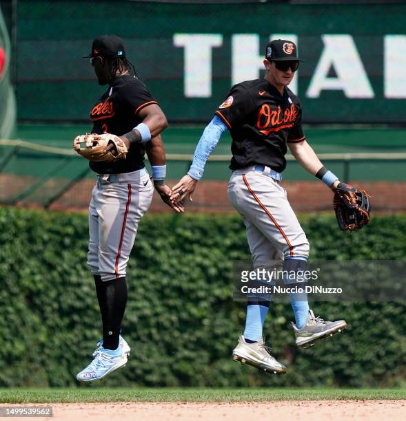 Jorge Mateo of the Baltimore Orioles and Austin Hays of the Baltimore Orioles celebrate their team win over the Chicago Cubs at Wrigley Field on June...