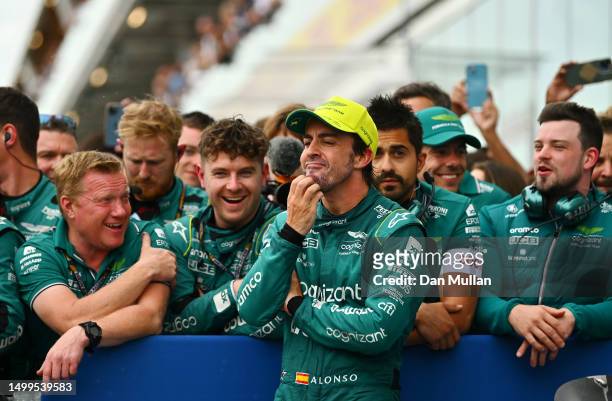 Second placed Fernando Alonso of Spain and Aston Martin F1 Team celebrates in parc ferme during the F1 Grand Prix of Canada at Circuit Gilles...