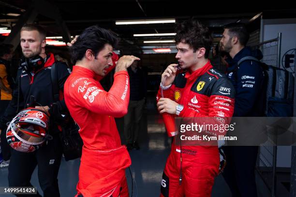 Ferrari F1 drivers Carlos Sainz and Charles Leclerc chat post-race during the F1 Grand Prix of Canada at Circuit Gilles Villeneuve on June 18, 2023...