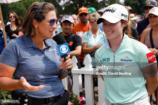 Leona Maguire of Ireland speaks with media in an interview after winning the Meijer LPGA Classic for Simply Give at Blythefield Country Club on June...