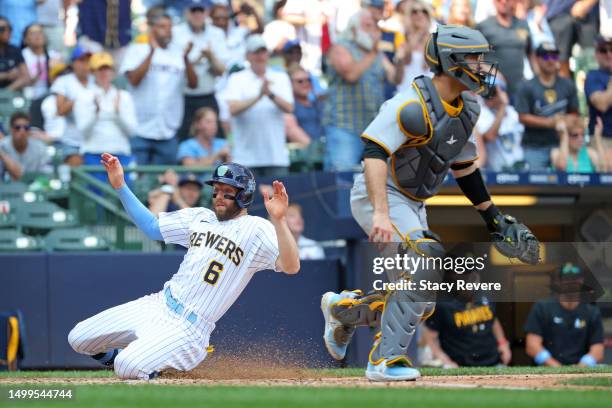 Owen Miller of the Milwaukee Brewers scores during the eighth inning against the Pittsburgh Pirates at American Family Field on June 18, 2023 in...