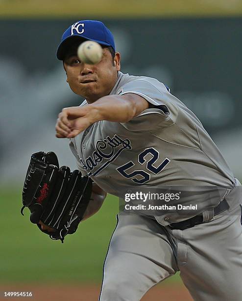 Starting pitcher Bruce Chen of the Kansas City Royals delivers the ball against the Chicago White Sox at U.S. Cellular Field on August 7, 2012 in...