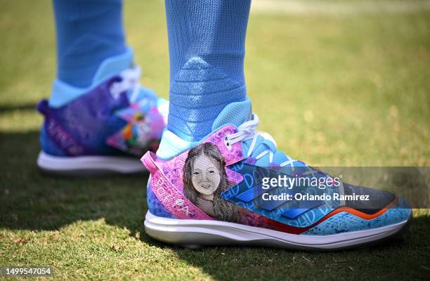 Detailed view of the shoes worn by David Peralta of the Los Angeles Dodgers before the game against the San Francisco Giants at Dodger Stadium on...