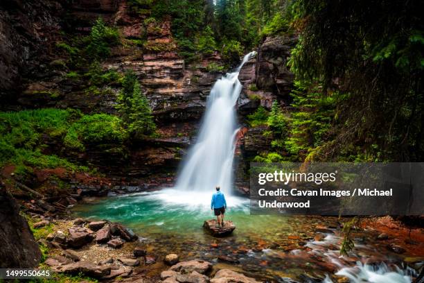 man at forested waterfall in the colorado mountains - silverton colorado stock pictures, royalty-free photos & images