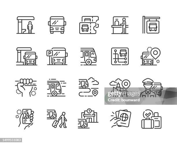bus station line icons. pixel perfect. editable stroke. - airplane ticket vector stock illustrations