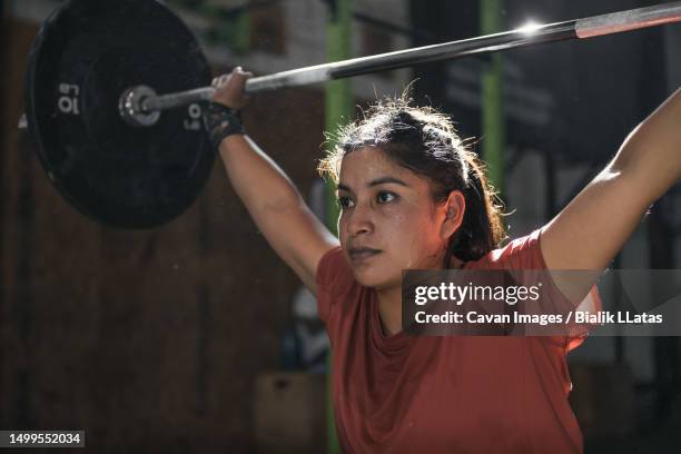 latin woman with dumbbells in the gym doing gym. peru - pesado peso - fotografias e filmes do acervo