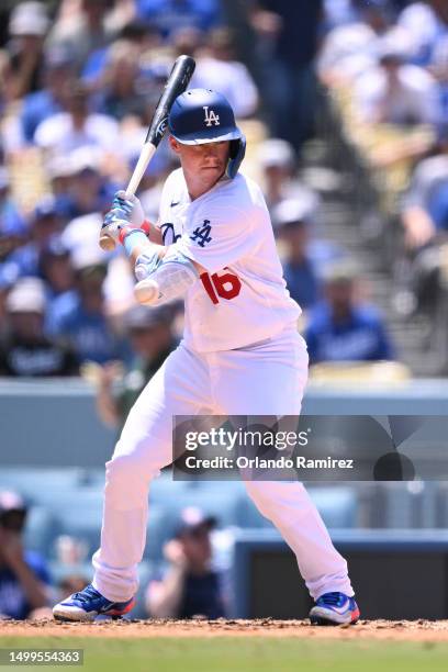 Will Smith of the Los Angeles Dodgers is hit by a pitch during the fifth inning against the San Francisco Giants at Dodger Stadium on June 18, 2023...