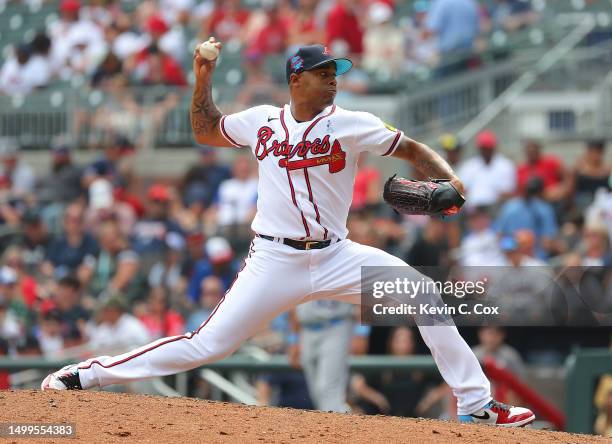 Raisel Iglesias of the Atlanta Braves pitches in the ninth inning against the Colorado Rockies at Truist Park on June 18, 2023 in Atlanta, Georgia.