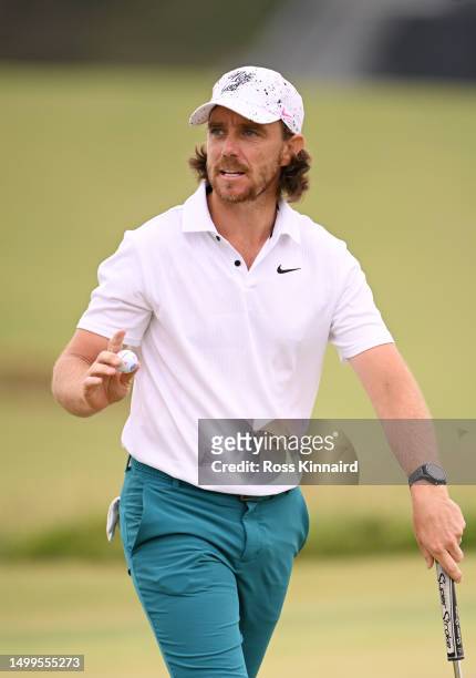 Tommy Fleetwood of England reacts to his putt on the tenth green during the final round of the 123rd U.S. Open Championship at The Los Angeles...